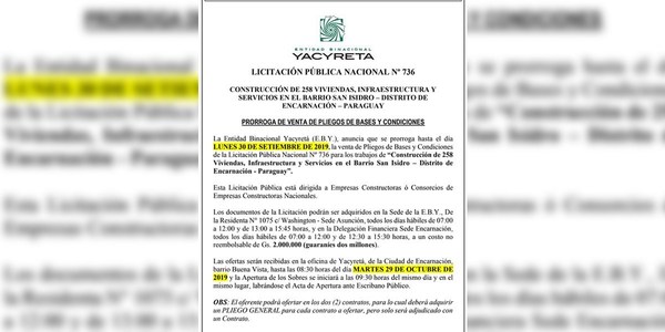 YACYRETÁ PRORROGA PLAZO PARA LICITACIÓN DE CONSTRUCCIÓN DE CASAS EN ENCARNACIÓN