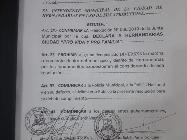 Municipalidad de Hernandarias "prohíbe" marcha gay