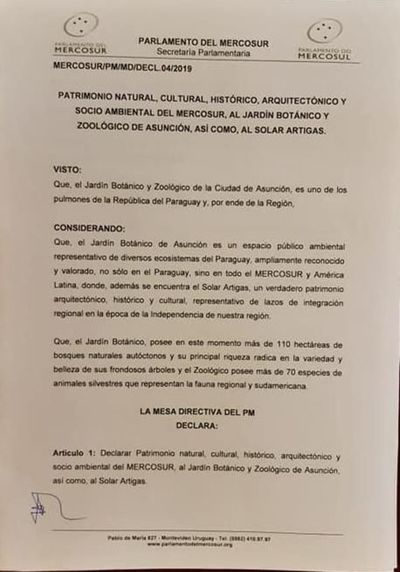 Parlamento del Mercosur declara patrimonio el Botánico y Solar Artigas - Nacionales - ABC Color