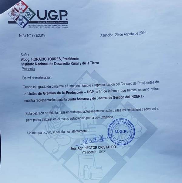 UGP retira a su representante en el Indert - ADN Paraguayo