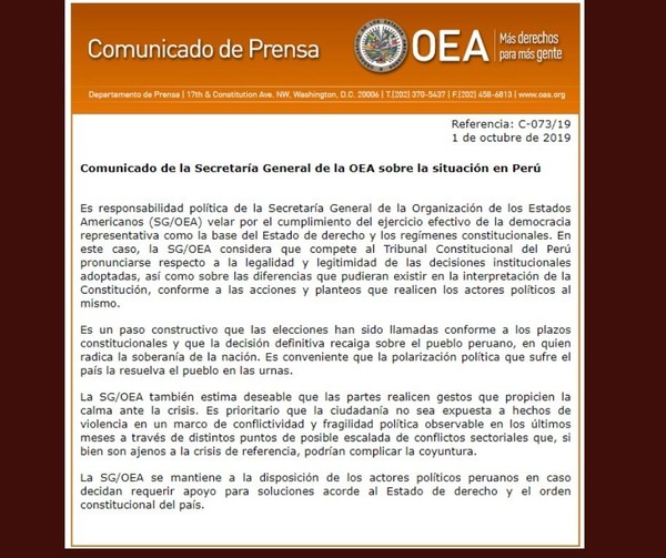 La Justicia peruana deberá decidir sobre la legalidad de la disolución del Parlamento, afirma la OEA - ADN Paraguayo