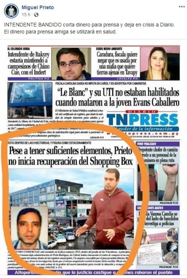 “Intendente bandido corta dinero para prensa y deja en crisis a Diario”: Argumento de Prieto ante críticas a su gestión - ADN Paraguayo
