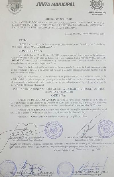 Asueto inconstitucional en Coronel Oviedo tiene como objetivo recaudar y no festejar el aniversario - Nacionales - ABC Color