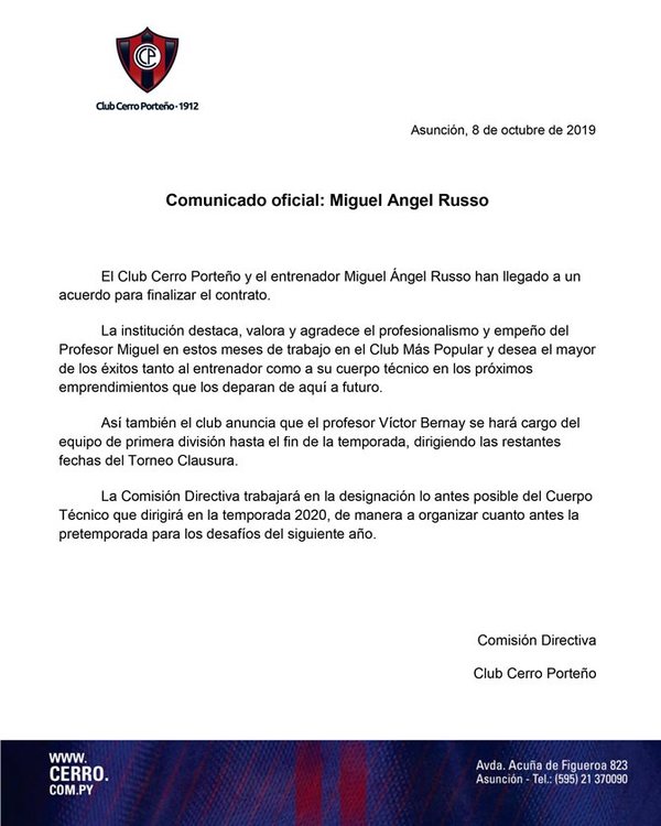 Cerro Porteño oficializa salida de Miguel Angel Russo | .::Agencia IP::.