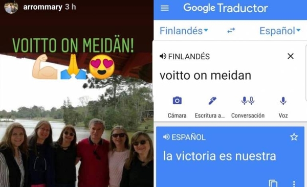 HOY / Voitto on meidan (la victoria es nuestra en finlandés), dedicatoria de los Arrom al gobierno
