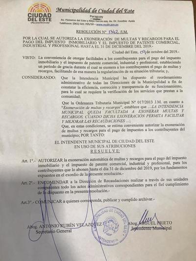 Intendente de CDE dispone exoneración de multas en el pago de impuestos