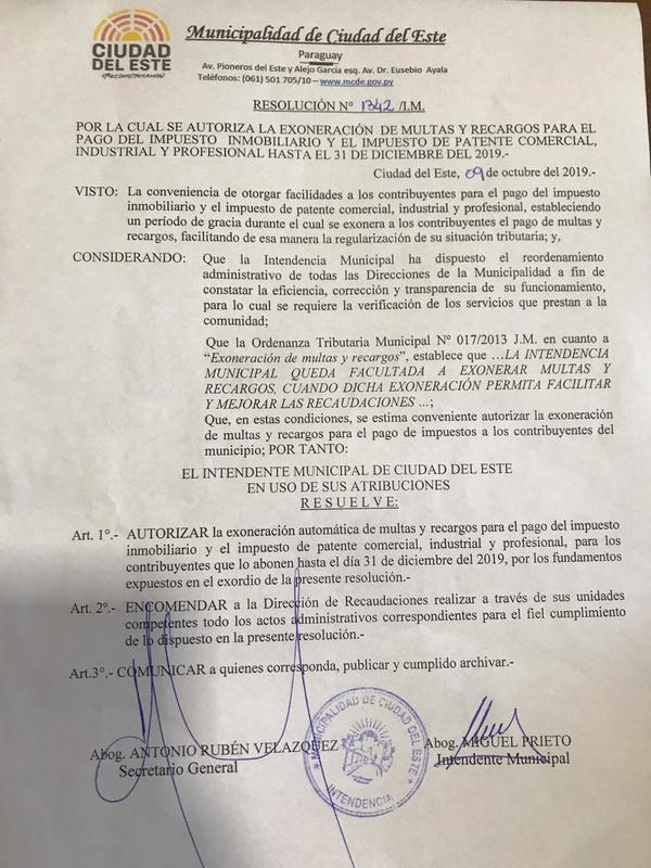 Intendente de CDE dispone exoneración de multas en el pago de impuestos