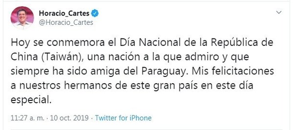Día Nacional de la República de China-Taiwán: Cartes saluda a “los hermanos de este gran país” - ADN Paraguayo