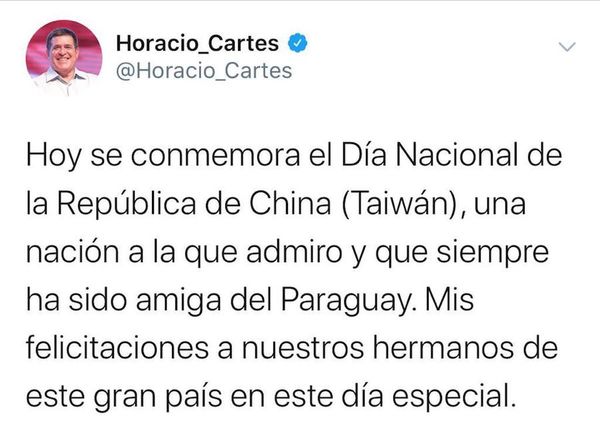 Cartes saludó a Taiwán por su independencia