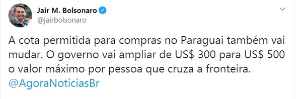 Bolsonaro anuncia aumento de cota para compras en Paraguay