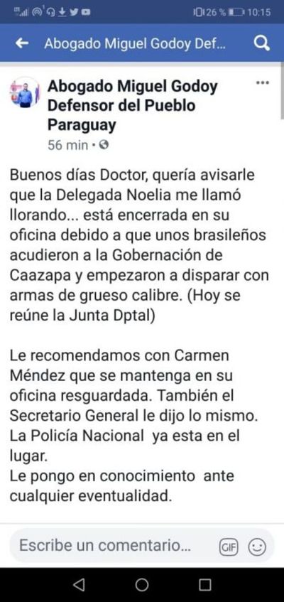 Comunican por redes sociales al defensor del Pueblo sobre presencia de sicarios en Junta de Caazapá