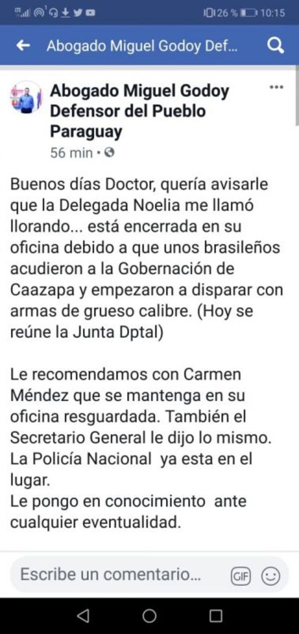 Comunican por redes sociales al defensor del Pueblo sobre presencia de sicarios en Junta de Caazapá