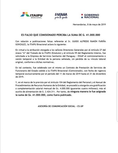 Itaipu niega que funcionario cobre Gs. 41 millones