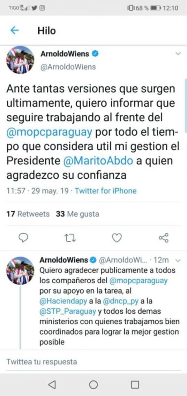 Ministro de MOPC se despide prácticamente de la cartera en twitter