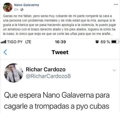 Nano Galaverna trata de "marica" a Payo Cubas y lo desafía a moquete amistoso