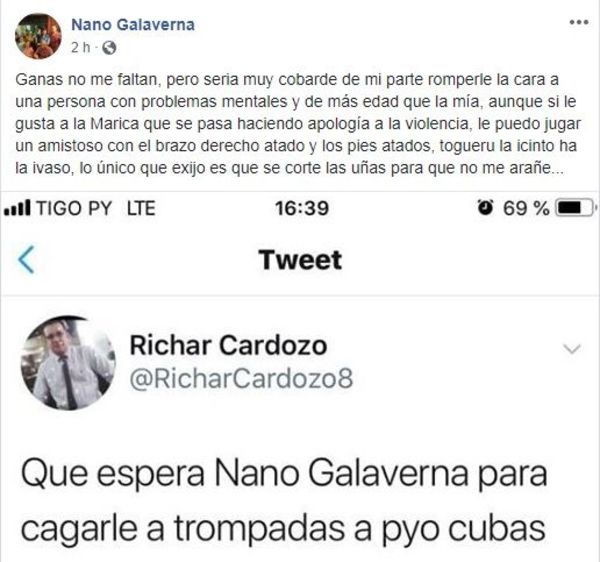 Nano Galaverna trata de "marica" a Payo Cubas y lo desafía a moquete amistoso