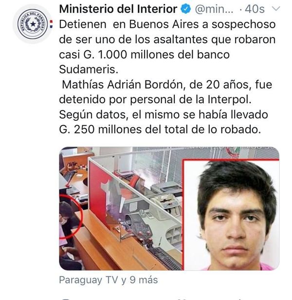 Detienen en Buenos Aires a supuesto asaltante de Sudameric