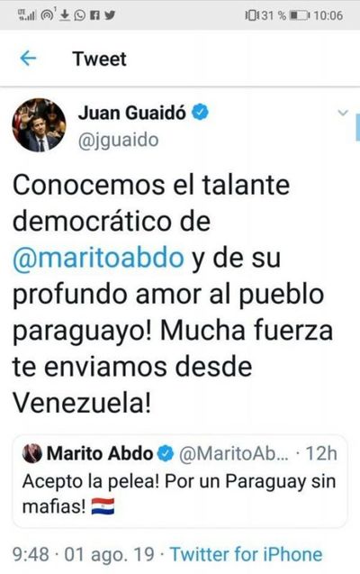 El presidente interino de Venezuela, Juan Guaido, ofrece su apoyo a Marito Abdo
