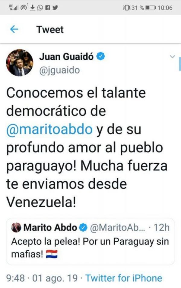 El presidente interino de Venezuela, Juan Guaido, ofrece su apoyo a Marito Abdo
