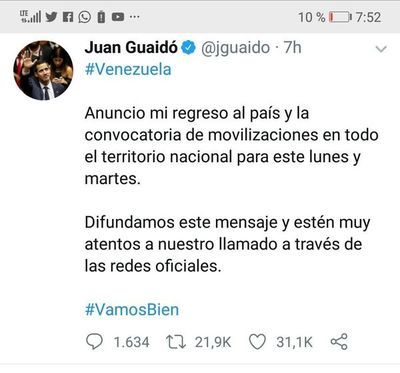 Juan Guaido regresa a Venezuela y EEUU teme por su vida