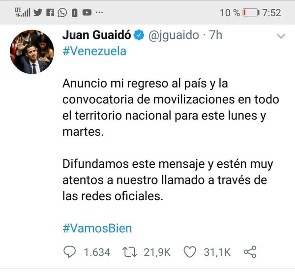 Juan Guaido regresa a Venezuela y EEUU teme por su vida