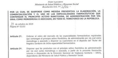 Salud suspende elaboración y comercialización de “ranitidina” - Nacionales - ABC Color