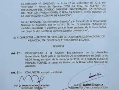 Desconvocan a la asamblea y aceptan renuncia de decano