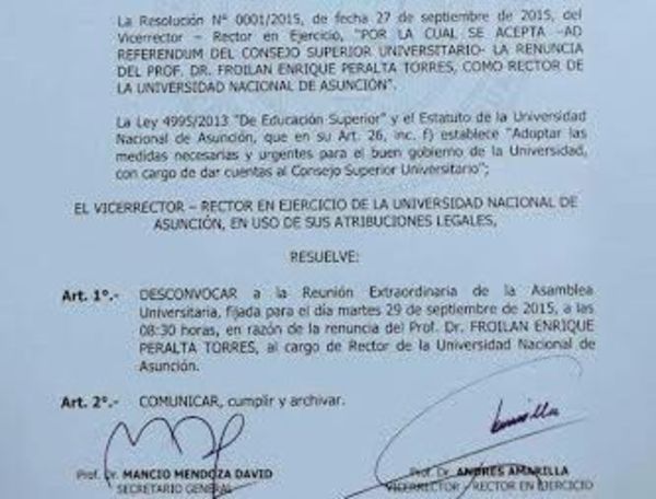 Desconvocan a la asamblea y aceptan renuncia de decano