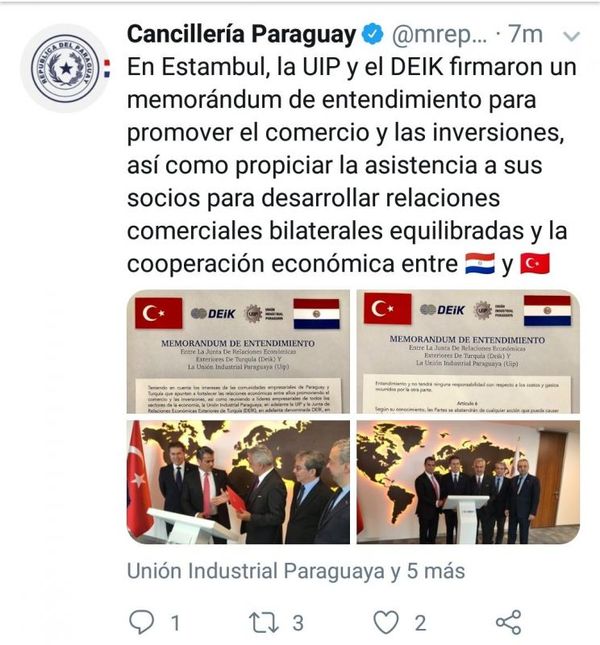 Paraguay acuerda con Turquía apoyo a empresas