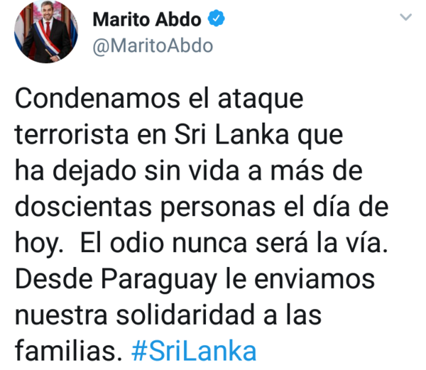 Marito expresó solidaridad con Sri Lanka tras atentado