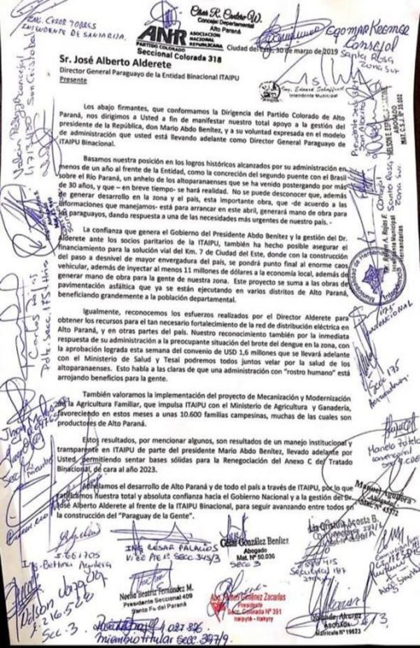Dirigencia colorada apoyan gestión de Alderete en Itaipu