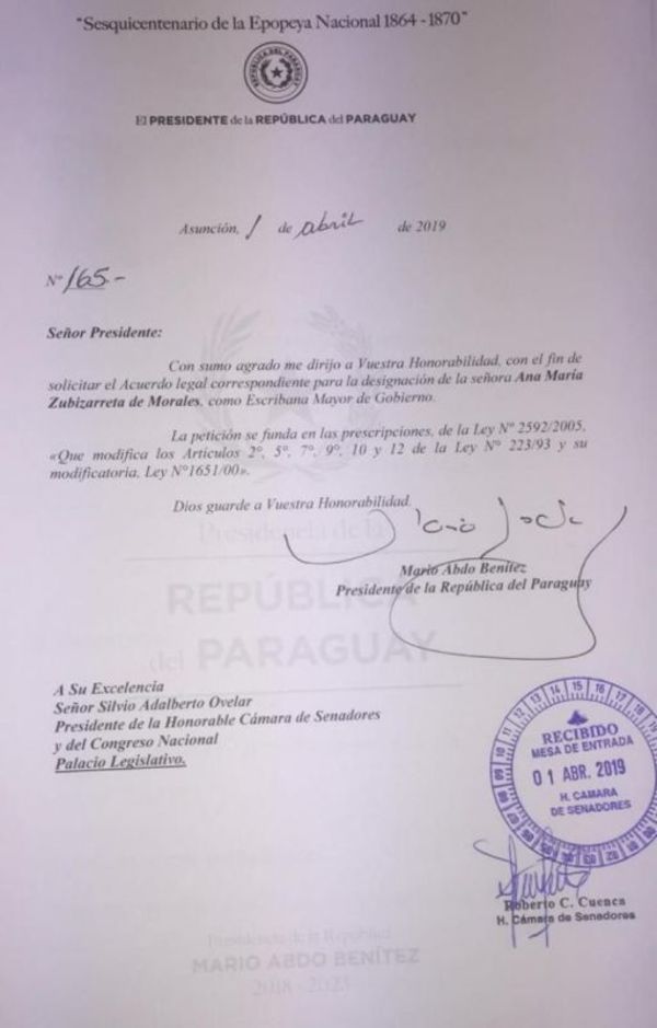 Ejecutivo solicita designación de Ana Maria Zubizarreta Morales como escribana Mayor de Gobierno