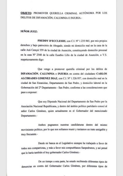 "Nunca amenacé de muerte al Gobernador de San Pedro” Freddy D’ecclesiis