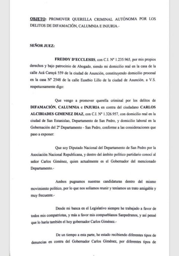 "Nunca amenacé de muerte al Gobernador de San Pedro” Freddy D’ecclesiis