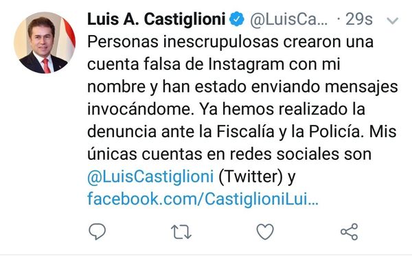 Crean cuenta falsa del ministro de Relaciones Exteriores, Luis Castiglioni