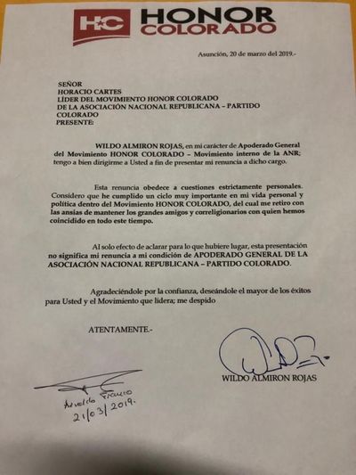 Wildo Almirón abandonó Honor Colorado