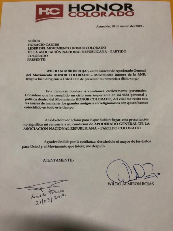 Wildo Almirón abandonó Honor Colorado