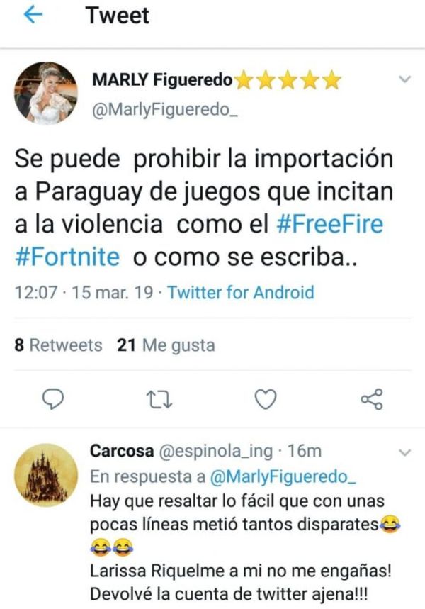 Ex modelo Marly Figueredo pretende prohibir importación de Free Fire
