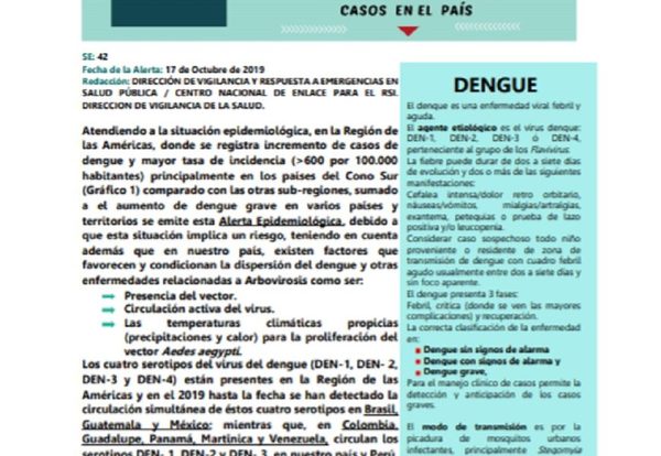 Alerta epidemiológica ante riesgo de casos de dengue