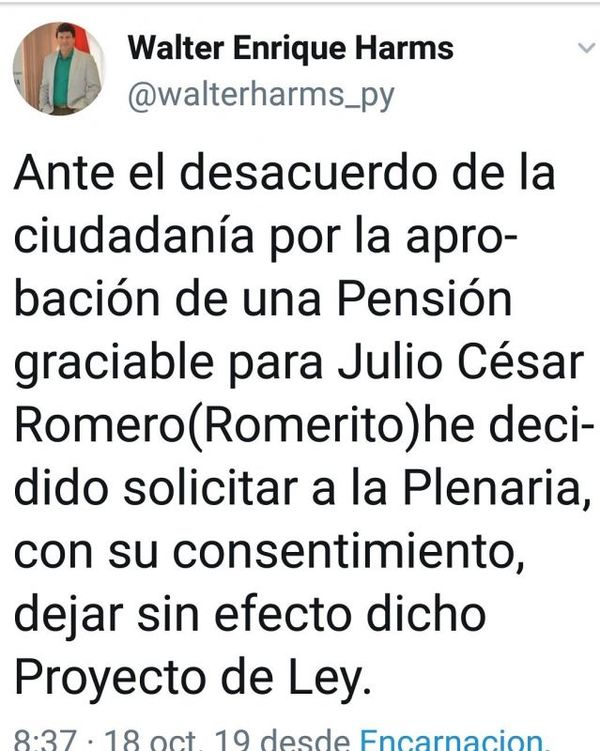 Diputado solicita dejar sin efecto pensión para Romerito