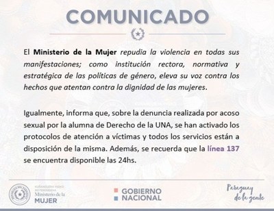 Ministerio de la Mujer repudia nuevo caso de acoso sexual en Derecho-UNA - ADN Paraguayo