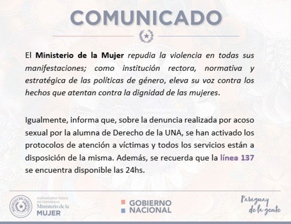 Ministerio de la Mujer repudia nuevo caso de acoso sexual en Derecho-UNA - ADN Paraguayo