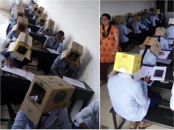 Piden a alumnos usar cajas de cartón en la cabeza para evitar copiarse