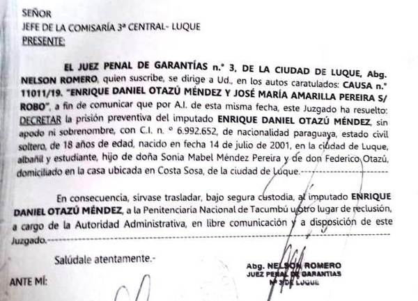 Juez manda a Tacumbú a motochorro detenido por asaltar a una niña •