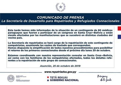 Secretaría de Repatriados se hará cargo de retorno de médicos varados en Bolivia - Nacionales - ABC Color