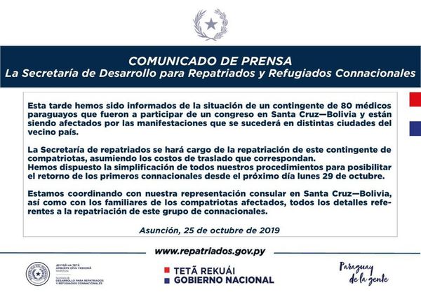 Secretaría de Repatriados se hará cargo de retorno de médicos varados en Bolivia - Nacionales - ABC Color