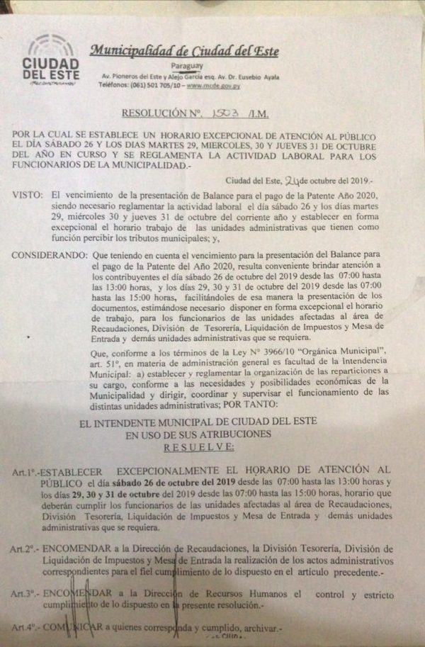 La Municipalidad de CDE extiende horario para pago de patentes