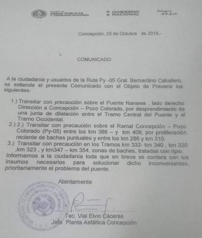 MOPC solicita transitar con “precaución” el tramo Concepción-Pozo Colorado