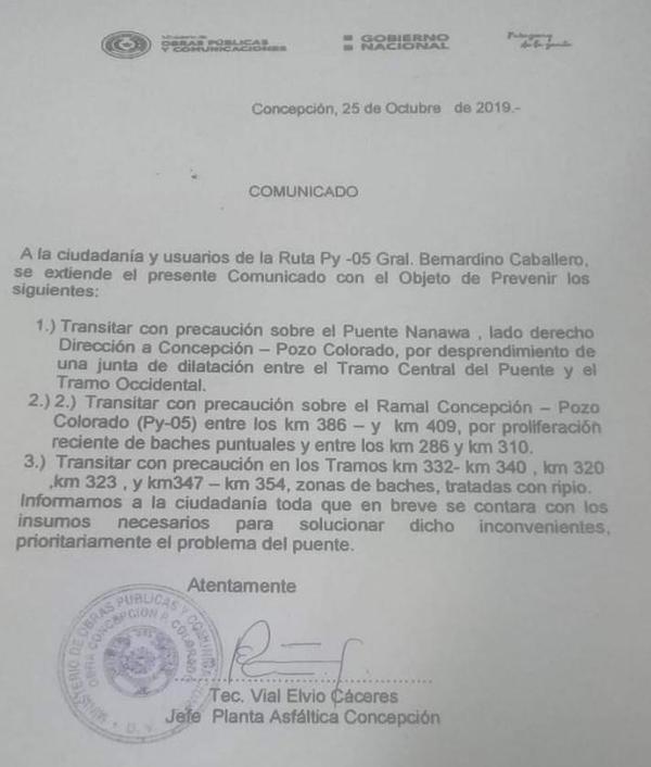 MOPC solicita transitar con “precaución” el tramo Concepción-Pozo Colorado