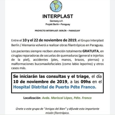 Médicos alemanes realizarán cirugías reconstructivas en el Hptal. de Pdte. Franco